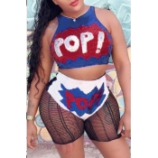 Lovely Sexy Round Neck Mesh Patchwork Letter Print