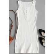 Lovely Casual U Neck Buttons White Knitting Sheath