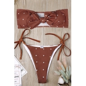 Lovely Bow Dot Printed Brown Nylon Two-piece Swimw