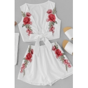 Lovely Fashion V Neck Embroidered White Cotton Two
