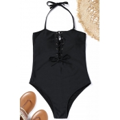Lovely Sexy Lace-up Black Nylon One-piece Swimwear