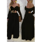 Lovely Sexy Dew Shoulder Black Chiffon Two-piece S