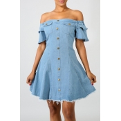 Lovely Trendy Dew Shoulder Blue Denim Mini Dress