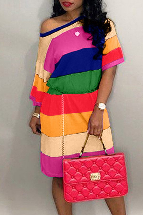 

Lovely Casual Dew Shoulder Striped Pink Knee Length Dress