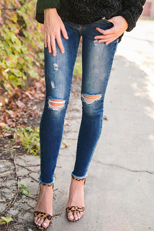

LovelyTrendy Mid Waist Broken Holes Blue Blending Pants