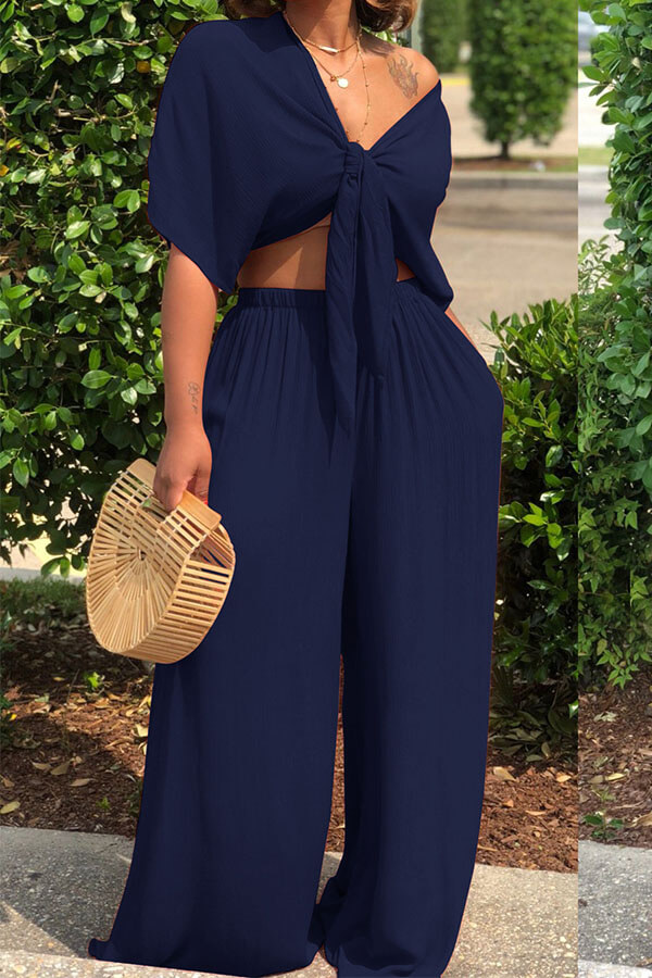 Lovely Casual Deep V Neck Loose Dark Blue Two Piece Pants Settwo Pieceslovelywholesale 8126