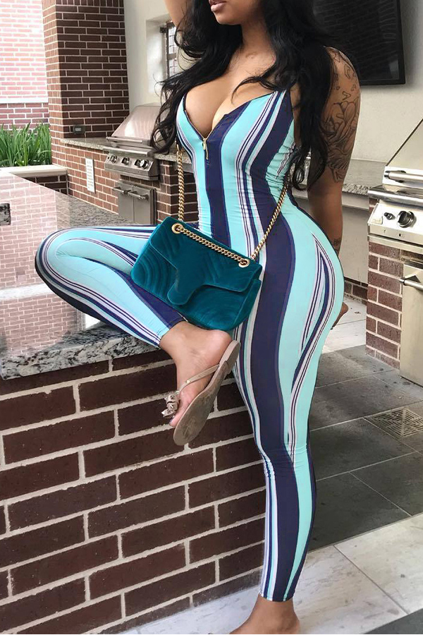 

LovelyEuramerican V Neck Zipper Design Light Blue One-piece Jumpsuit