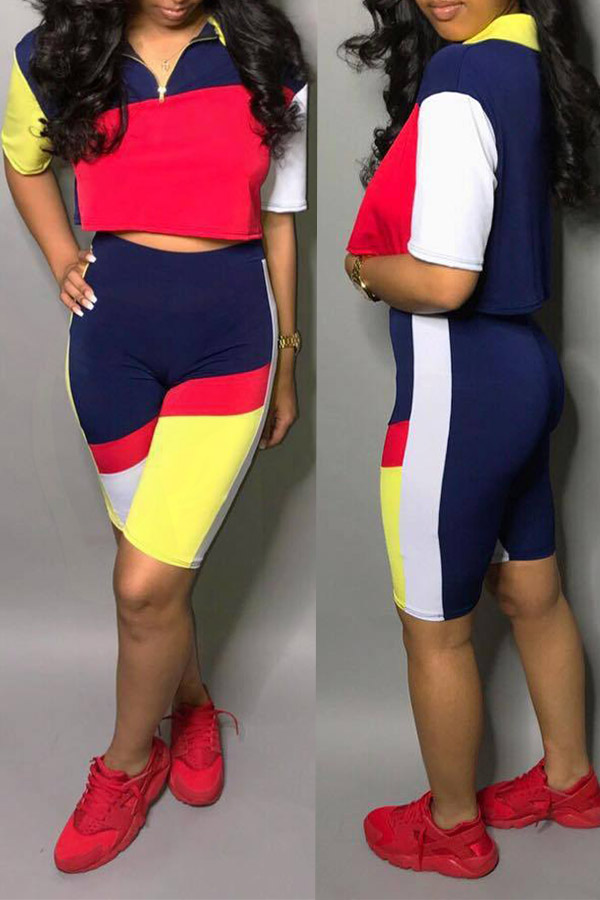 

Lovely Euramerican Patchwork Multicolor Two-piece Shorts Set