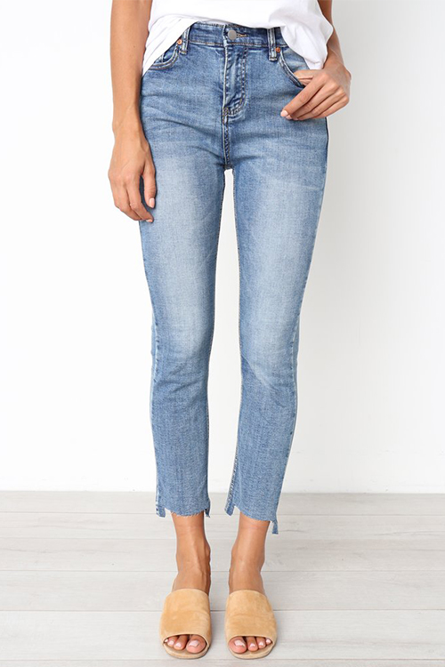 

Lovely Euramerican Irregular Hems Baby Blue Jeans