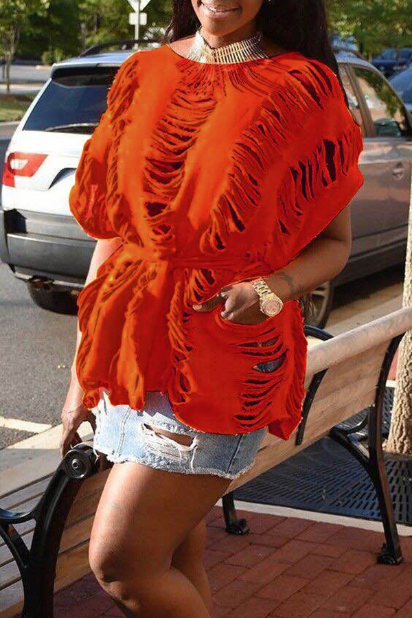 

Lovely Casual Broken Holes Red T-shirt