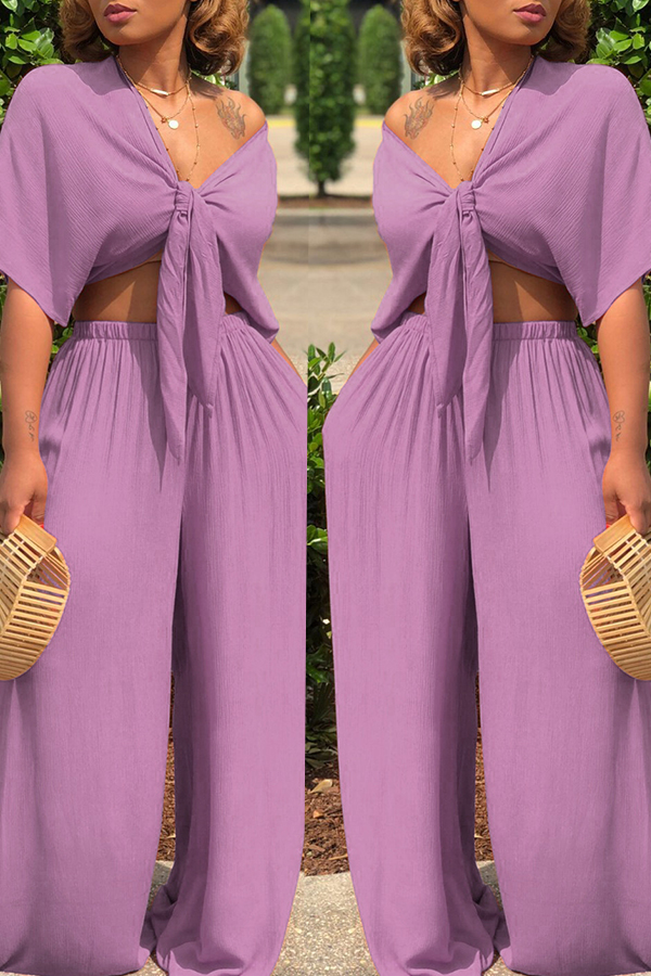 

Lovely Casual Deep V Neck Loose Purple Two-piece Pants Set