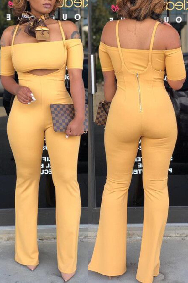 

Lovely Fashion Dew Shoulder Yellow Two-piece Pants Set