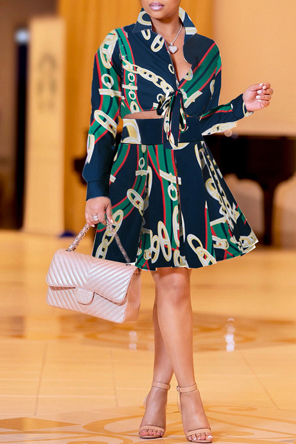 

Lovely Trendy Pleated Printed Deep Blue Two-piece Skirts Set