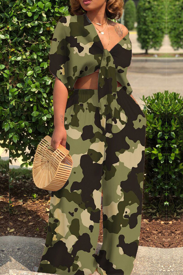 

Lovely Euramerican Camouflage Printed Army Green Two-piece Pants Set