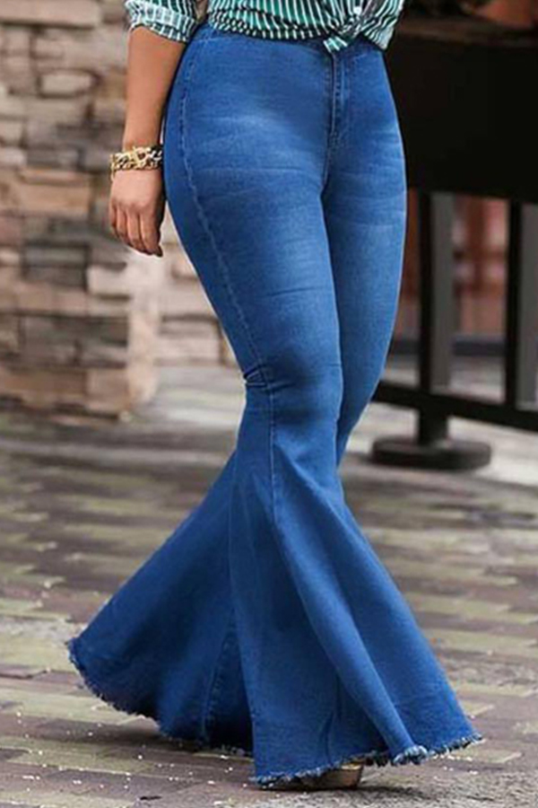 Lovely Trendy High Waist Flared Deep Blue Denim Zipped Jeans_Jeans ...