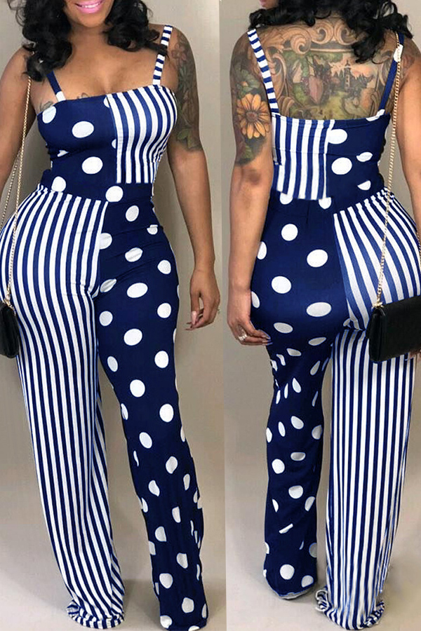 

Lovely Casual Dots Printed Striped Dark Blue One-piece Jumpsuit