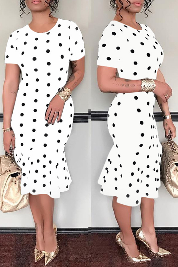 

Lovely Casual Dots Printed Flouncing Design White Mid Calf Dress