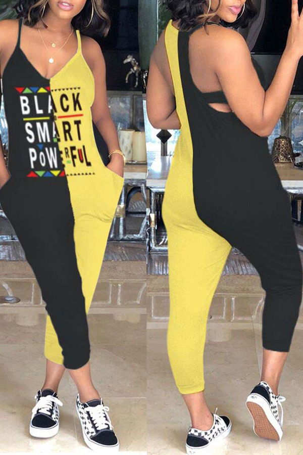 

Lovely Casual Patchwork Letters Printed Yellow One-piece Jumpsuit