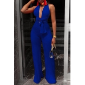 Lovely Sexy Deep V Neck Blue One-piece Jumpsuits