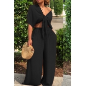 LovelyCasual Deep V Neck Loose Black Two-piece Pan