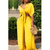 Lovely Casual Deep V Neck Loose Yellow Two-piece P