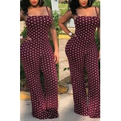 Lovely Casual Dots Printed Wine Red One-piece Jump