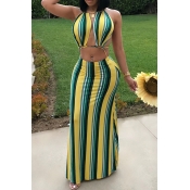 Lovely Trendy Striped Backless Yellow Ankle Length