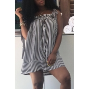 Lovely Casual Shoulders Lace-up Striped Black Mini