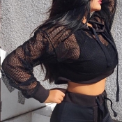 Lovely Casual See-through Short Black Hoodies