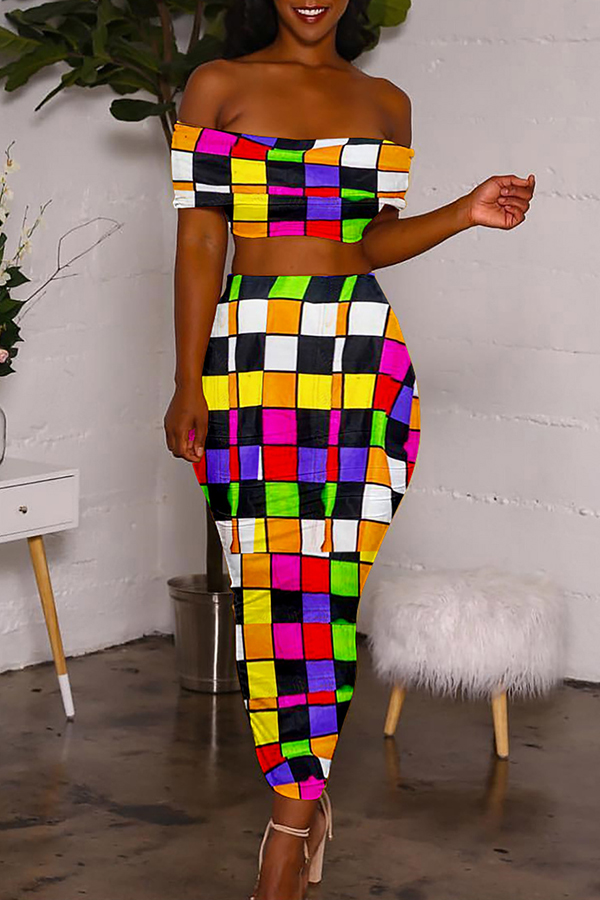 

Lovely Casual Dew Shoulder Printed Multicolor Qmilch Two-piece Skirt Set