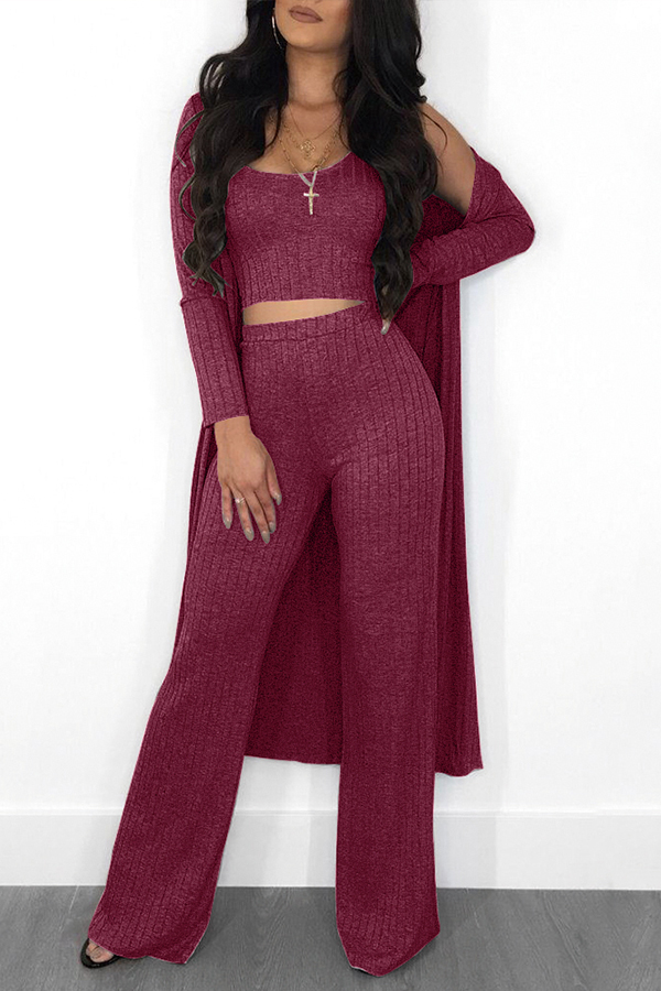 

Lovely Casual U Neck Wine Red Two-piece Pants Set (With Coat)