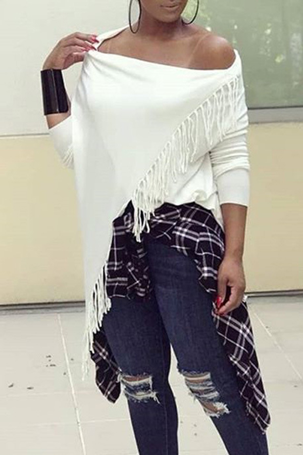 

Lovely Casual Tassels Hem White Blouses