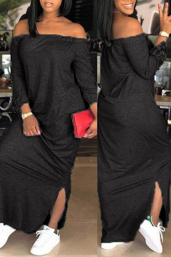 

Lovely Casual Dew Shoulder Slit Hem Black Ankle Length Dress