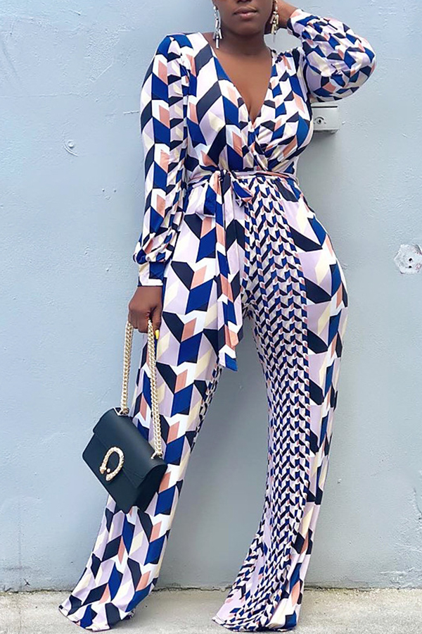 

Lovely Casual Geometric Printed Blue One-piece Jumpsuit