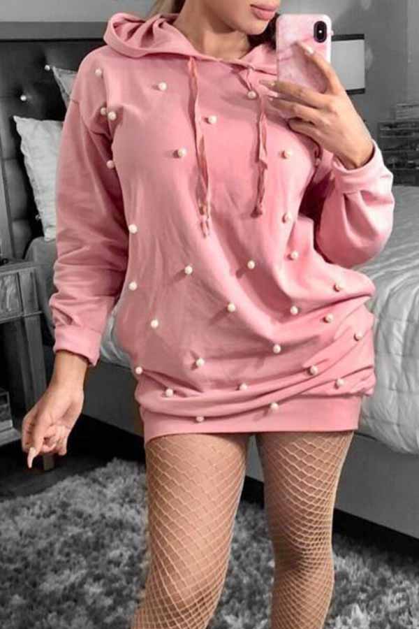 

Lovely Casual Hooded Collar Nail Bead Design Pink Mini Dress