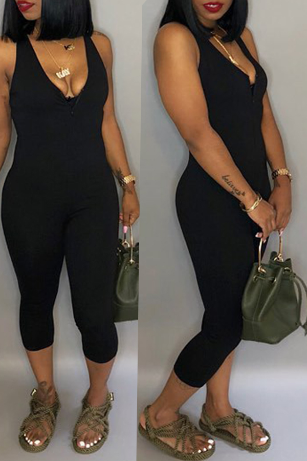 

Lovely Fashion V Neck Black Twilled Satin One-piece Jumpsuit