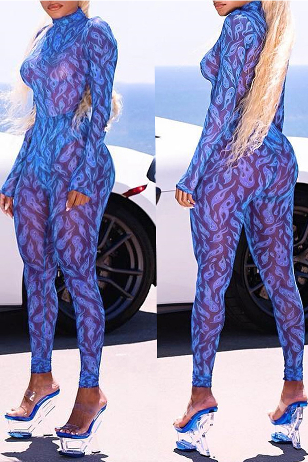 

Lovely Fashion See-through Printed Skinny Blue One-piece Jumpsuit