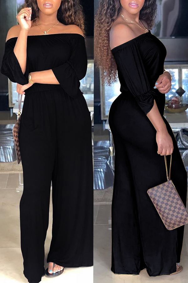 

Lovely Euramerican Dew Shoulder Loose Black Blending One-piece Jumpsuit