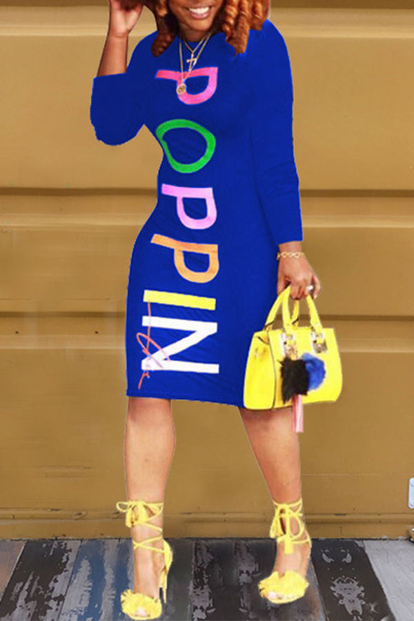 

Lovely Casual Long Sleeves Letter Printed Royalblue Blending Knee Length Dress