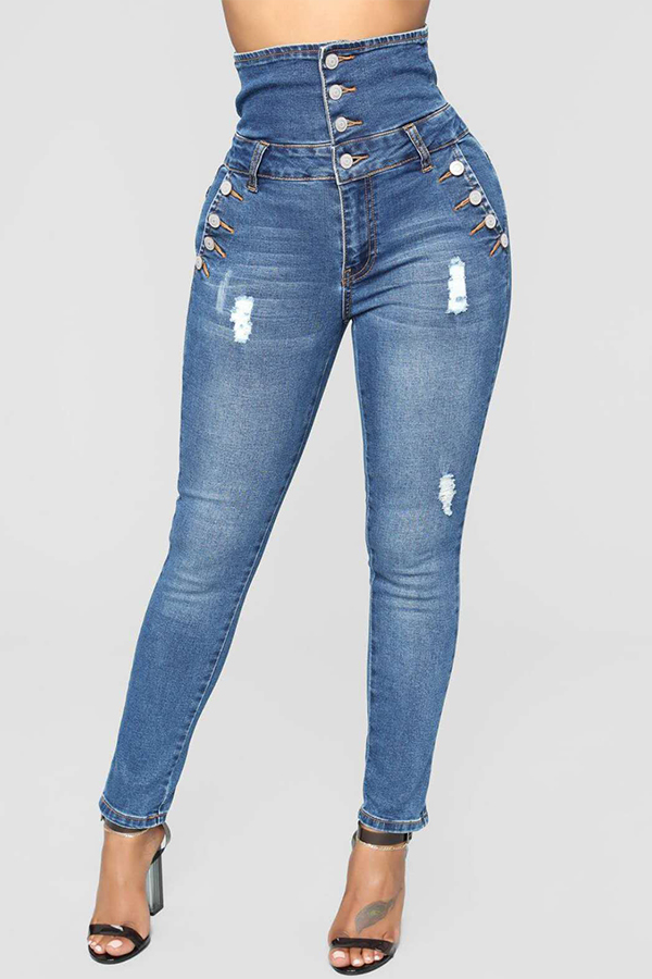 

Lovely Casual High Waist Buttons Design Deep Blue Denim Jeans