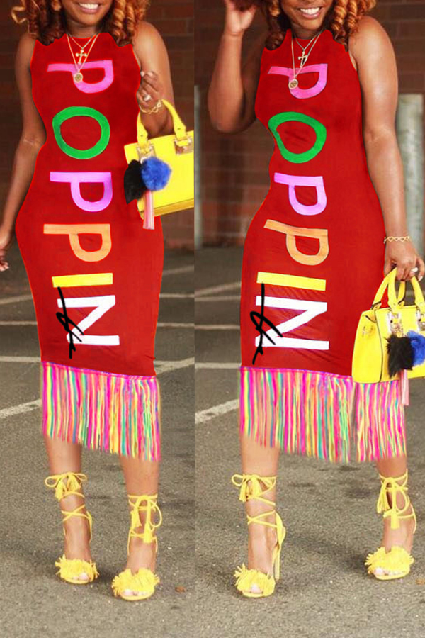 

Lovely Euramerican Printed Tassels Hem Red Mid Calf Dress