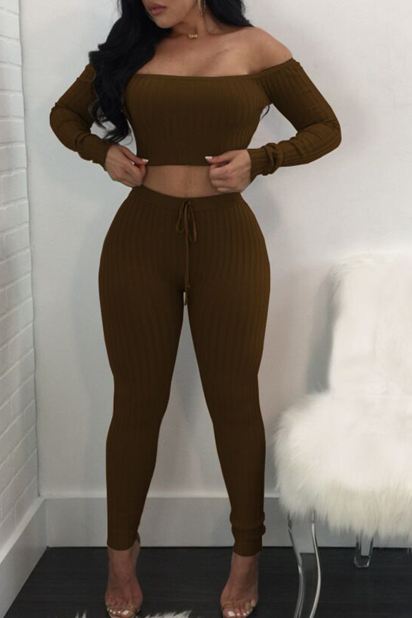 

Lovely Euramerican Dew Shoulder Coffee Cotton Two-piece Pants Set