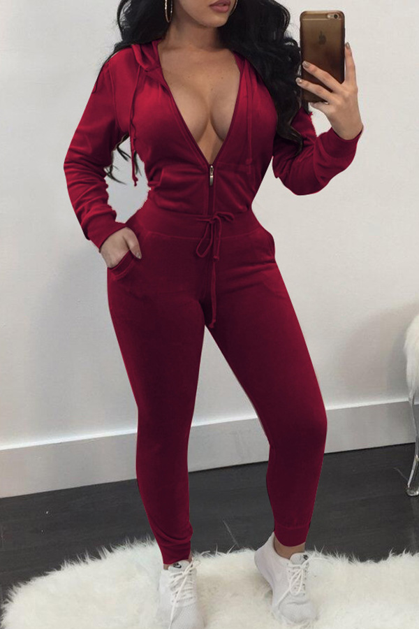 

Lovely vogue Hooded Collar Wine Red Velvet Two-piece Pants Set