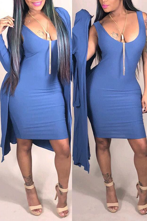 

Lovely Casual Slim Royalblue Two-pieces Dress(Dress+Coat)