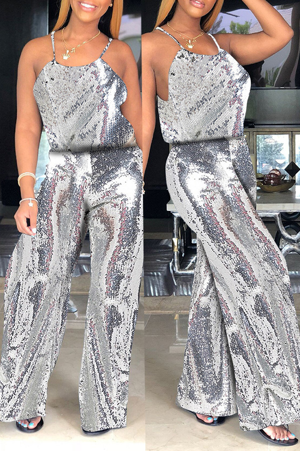 

Lovely Euramerican Sequined Loose Silver One-piece Jumpsuit