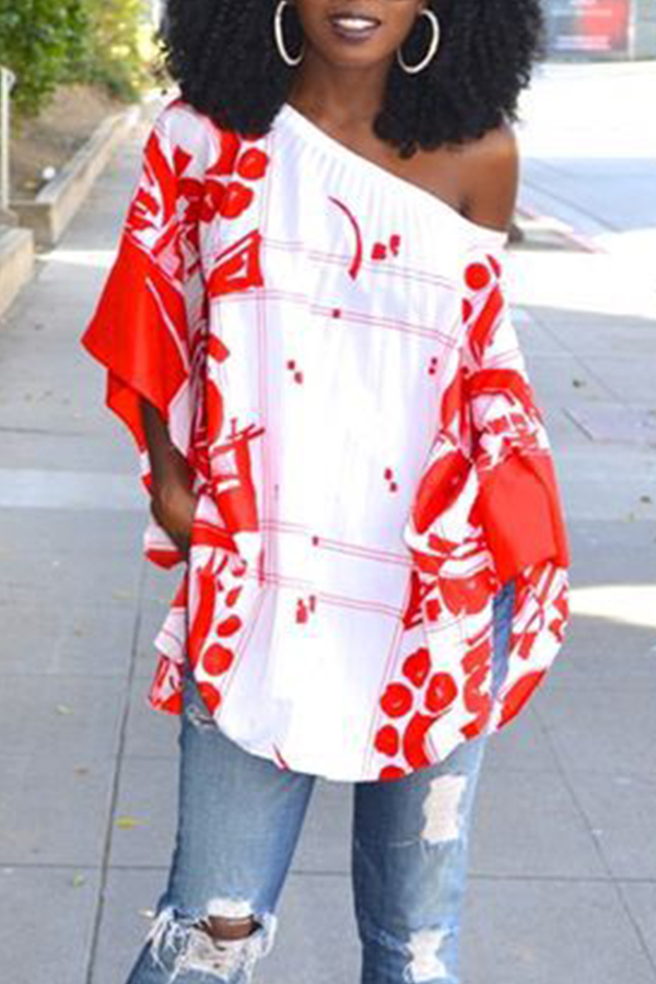 

Lovely Casual Printed Sloping Shoulder Red Blouses