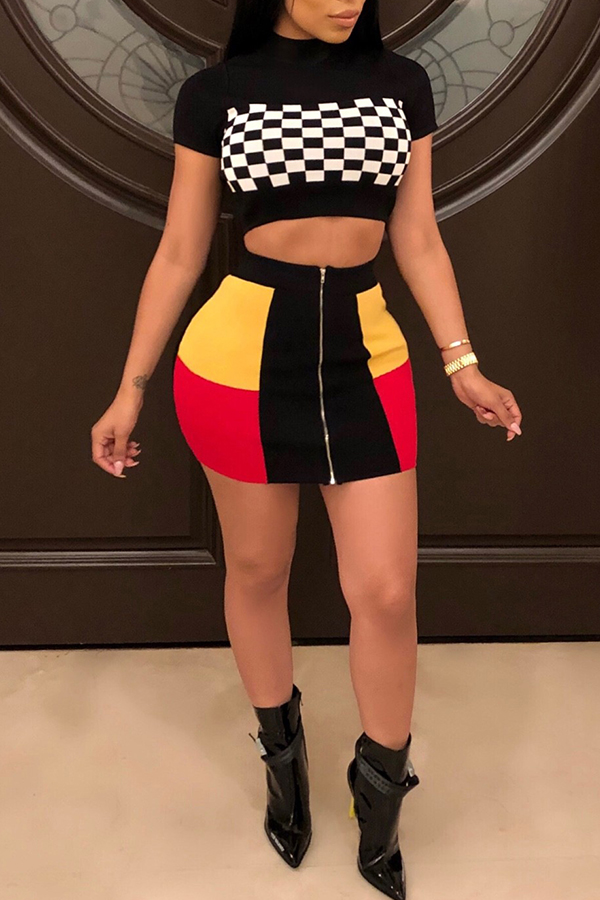 

Lovely Vogue Patchwork Black Two-piece Skirt Set