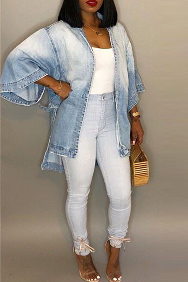 

Lovely Casual Long Sleeves Loose Light Blue Denim Coat, Baby blue