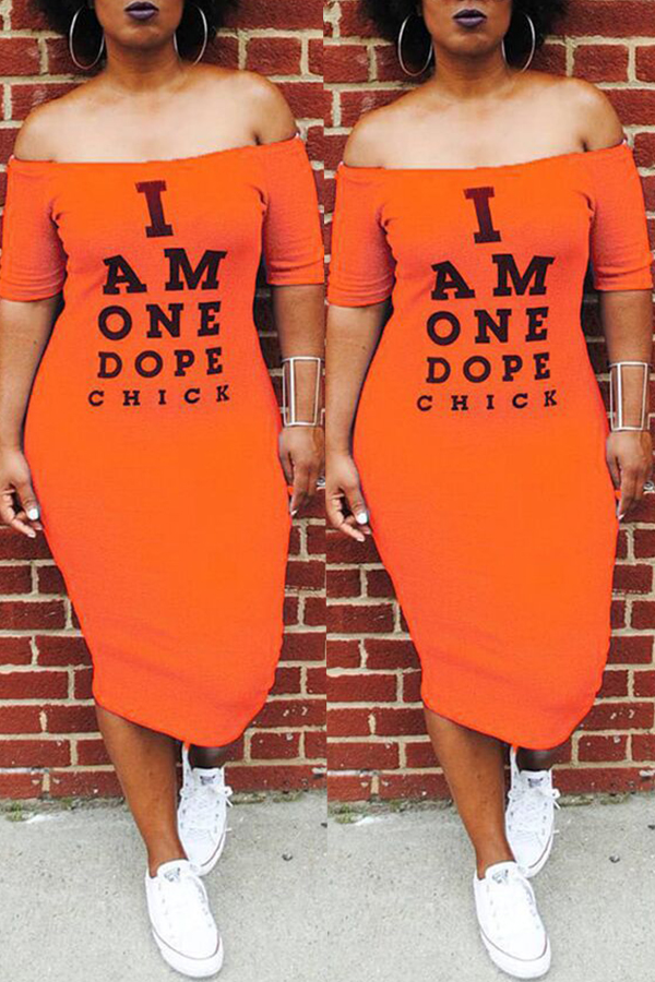 

Lovely Euramerican Letters Printed Orange Twilled Satin Mid Calf Dress
