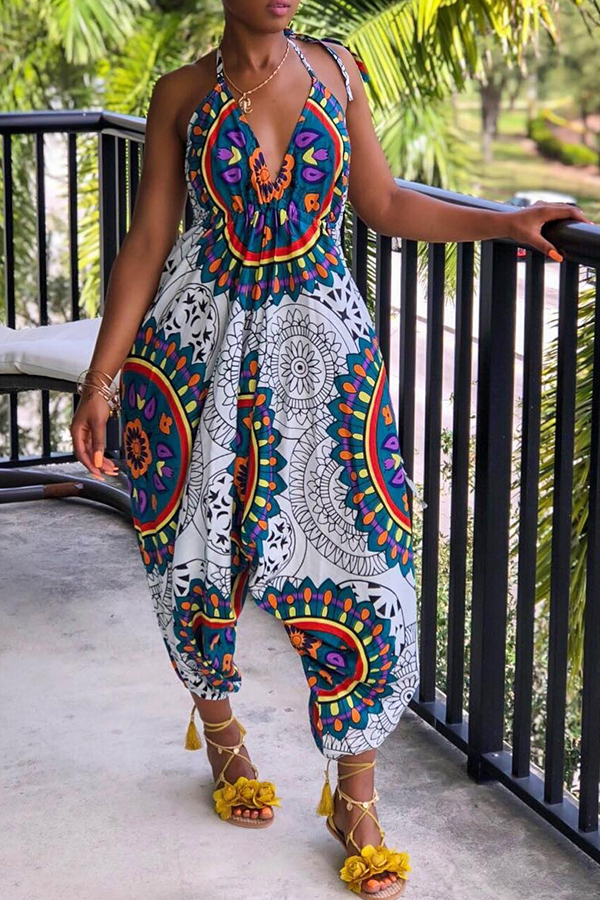 

Lovely Euramerican Totem Printed Loose White One-piece Jumpsuit